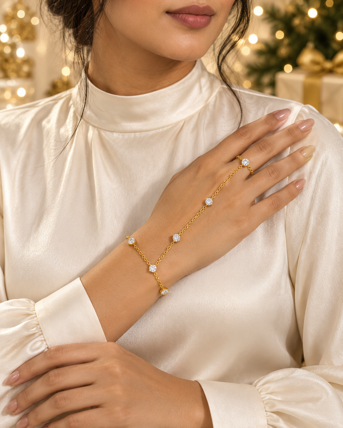 Bracelet de main doré en acier inoxydable et zircons