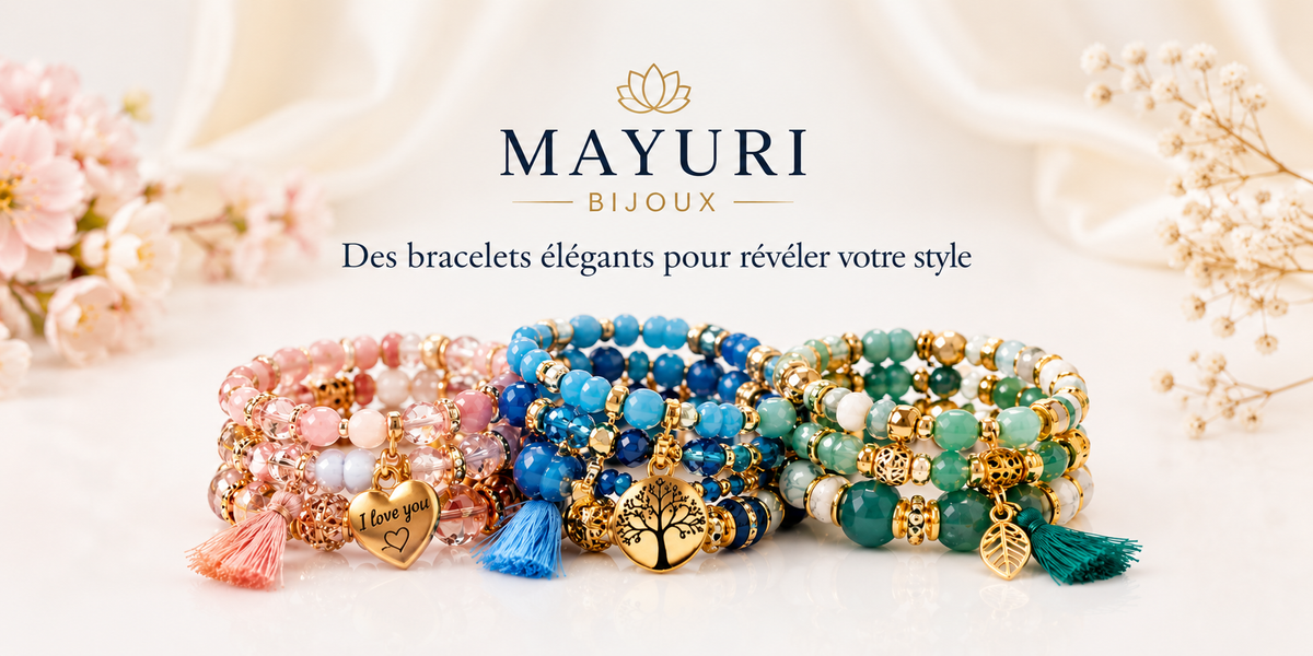 Bannière MAYURI Bijoux présentant trois ensembles de bracelets à perles roses, bleues et vertes, avec pompons et breloques dorées. Texte : « Des bracelets élégants pour révéler votre style ».